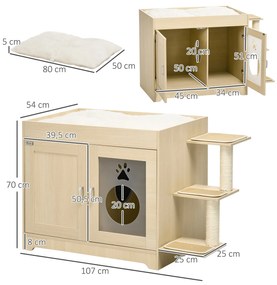 Caixa de Areia para Gatos de Madeira com 2 Portas Móvel para Caixa de Areia com Cama Almofada Suave 3 Plataformas e Postes de Sisal 107x54x70cm Carval