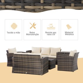 Conjunto de Jardim Exterior de Vime 6 Peças Almofadas Sofá de Dois Lugares Sofá de Três Lugares 2 Cadeiras 2 Mesas Auxiliares Cáqui