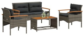 4 pcs conjunto sofás de jardim c/ almofadões vime PE cinzento