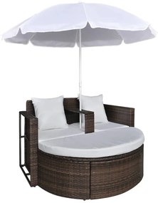 Sofá Lamel Lounge de Jardim em Vime com Guarda Sol - Castanho e Branco