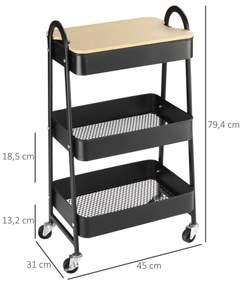 Carrinho Auxiliar com Rodas de 3 Níveis Carrinho de Cozinha com 3 Cestas de Aço e 1 Bancada de Madeira 45x31x79,4 cm Preto