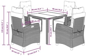 5 pcs conjunto de jantar p/ jardim c/ almofadões vime PE cinza