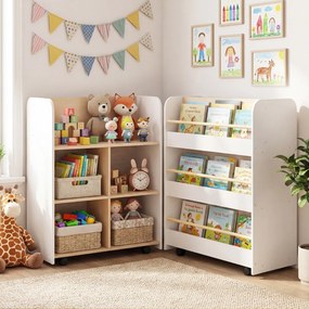 Estante infantil de 3 níveis com rodas 62,5 x 40 x 83 cm, carrinho de dupla face para livros, creche ou sala de aula, branca