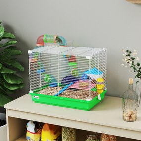 Gaiola para Hamster com Túnel Prato Bebedouro Casinha Rampa Roda de Exercício Bandeja Removível 46x30x37 cm Verde