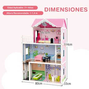 Casa de bonecas em madeira para crianças a partir dos 3 anos com elevador, mesa giratória, escadaria, quartos e acessórios 80 x 33 x 114 cm cor-de-ros