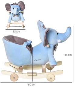 Cavalo Baloiço com Rodas e Forma de Elefante com Músicas Infantis e Cinto de Segurança 60x35x45 cm Azul