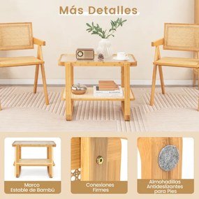 Mesa lateral de bambu de 2 camadas com prateleira de vime PE com tampo de vidro para sala de estar, quarto 70,5 x 44,5 x 54,5 cm natural