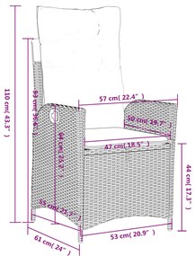 3 pcs conjunto de jantar p/ jardim c/ almofadões vime PE cinza