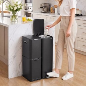 Caixote do lixo de cozinha com pedal e 3 compartimentos, 60 L, 46,7 x 39 x 71,9 cm, preto