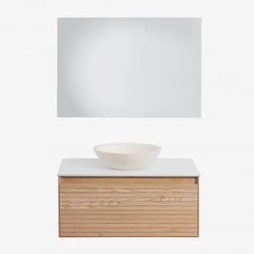 Conjunto De Móveis De Banheiro Em Madeira Tedrik Ash Castanho Fresno & Cimento Redondo Branco Ø40 Cm Zavion & Led Retangular - Sklum