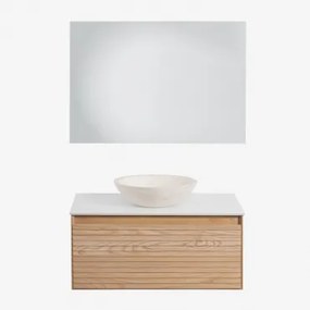 Conjunto De Móvel De Casa De Banho Suspenso Em Madeira De Freixo Tedrik Castanho Fresno & Cimento Redondo Branco Ø40 Cm Zavion & Led - Sklum