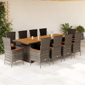 vidaXL 11 pcs conjunto jantar p/ jardim c/ almofadões vime PE cinzento