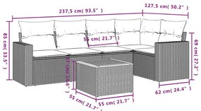 6 pcs conjunto de sofás p/ jardim com almofadões vime PE bege