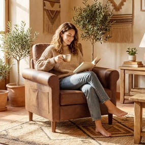 Poltrona Relax Estofada em PU com Almofada Espessa, Encosto com Costuras e Pernas de Madeira Maciça, Castanho