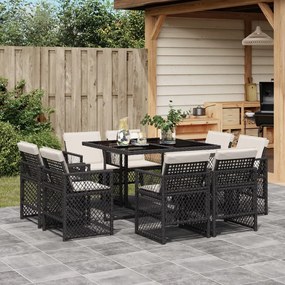 vidaXL 9 pcs conjunto de jantar p/ jardim c/ almofadões vime PE preto