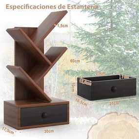 Estante forma de árvore de 5 camadas com gaveta utilitária e suporte para armazenamento de livros pequenos 30 x 17,5 x 60 cm Castanho