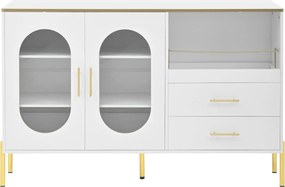 Aparador com 2 gavetas e 2 portas de vidro, amplo espaço de arrumação, 140x38x90 cm, Branco