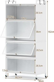 Armário de cozinha 80,5 x 40 x 162 cm de 5 níveis metálico com 4 portas batentes Prateleira com rodas para micro-ondas Branco