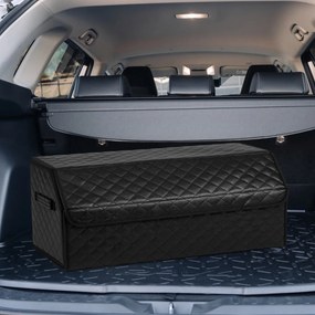 Organizador dobrável para porta-malas Carro 51L com tampa acolchoada em couro 30 x 69 x 27,5 cm e divisória ajustável Grande capacidade Preto