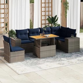 7 pcs conjunto sofás p/ jardim c/ almofadões vime PE cinzento
