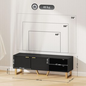 Móvel de TV 140 x 39 x 47 cm para televisores até 70 polegadas – armário com 2 portas caneladas, compartimento aberto preto