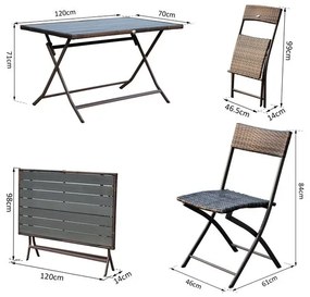 Conjunto de Mesa Cadeiras Móveis Dobrável Vime para Jardím Exterior Pátio Terraço 7 Pcs Aço - Cor Castanho - 61x46x84cm