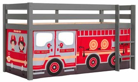 Cama alta de Criança PINO 90 x 200 cm + estrado + escada + cortina Bombeiros Cinzenta