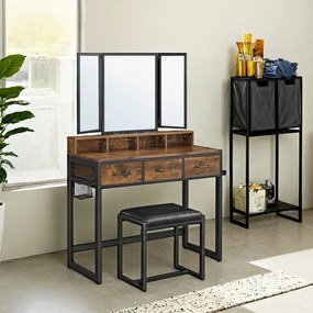 Conjunto toucador com banco estofado com espelho triplo, 3 gavetas 90 x 40 x 141 cm castanho vintage-preto