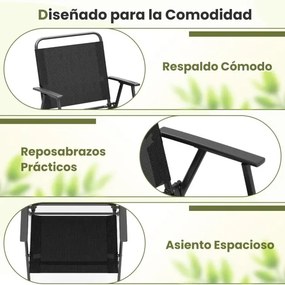 Conjunto de 2 cadeiras dobráveis com estrutura metálica, encosto e apoios para os braços, carga 150 kg, para terraço, varanda ou praia Preto