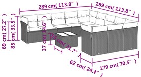 12 pcs conj. sofás jardim com almofadões vime PE cinzento-claro