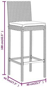 7 pcs conjunto de bar p/ jardim c/ almofadões vime PE cinzento