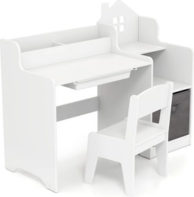 Conjunto de secretaria e cadeira de estudo para crianças com prateleiras abertas Gaveta e cesto de tecido branca
