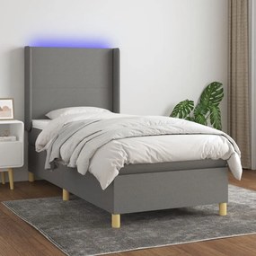 Cama box spring c/ colchão e LED 100x200 cm tecido cinza-escuro