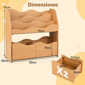 Móvel de Arrumação Infantil com Estante e Gavetas, 82 x 30 x 76 cm, 3 Prateleiras Abertas, Natural