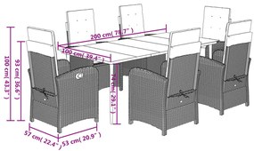 7 pcs conj. jantar p/ jardim c/ almofadões vime PE cinza-claro