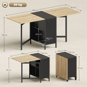 Mesa de Cozinha Dobrável com Arrumação 169x60x75 cm (CADEIRAS NÃO INCLUIDAS) Mesa de Refeição Compacta com 4 Prateleiras Madeira e Preto