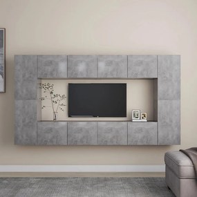 8 pcs conjunto de móveis de TV contraplacado cinzento cimento