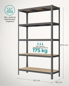 Estante de arrumação garagens, escritório, arrumos com 5 prateleiras em design industrial 60 x 120 x 200 cm Cinzenta