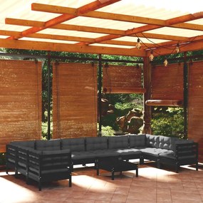 11 pcs conjunto lounge de jardim c/ almofadões pinho preto