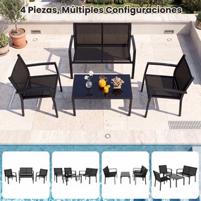 Conjunto de 4 Peças com 2 Cadeirões, Sofá de 2 Lugares e Mesa Auxiliar, 65,5 x 60,5 x 78 cm, Tampo em Vidro Temperado, Preto+Cinza