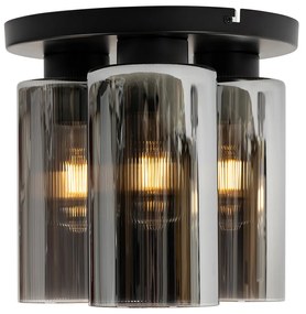 Candeeiro de teto Art Déco preto vidro fumê 3 luzes - Laura Art Deco