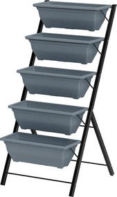 Floreira elevada com andares; floreira vertical com 5 vasos para flores, orifícios de drenagem e estrutura em aço cinzento