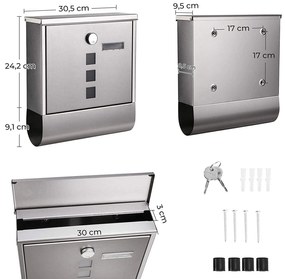 Caixa de correio 30,5 x 9,5 x 33,3 cm em aço inoxidável prateada
