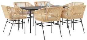 Conjunto jantar jardim 7 peças almofadas vidro vime PE castanho
