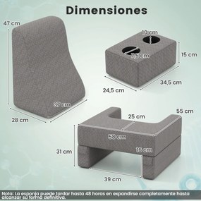 Conjunto de 3 almofadas de leitura, para colo e costas com bolso de armazenamento e porta-copos cinza