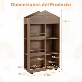 Estante infantil de madeira com 64 x 30 x 116 cm, em forma de casinha para bonecas, com compartimentos, para quarto de bebé, Castanha
