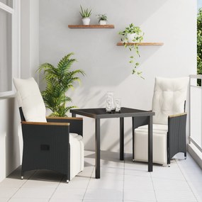 vidaXL Conjunto de Jantar de Jardim 3 Peças com Almofadas Preto Rattan Poliéster