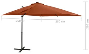 Guarda-sol jardim cantilever poste/luzes LED 250 cm terracotta