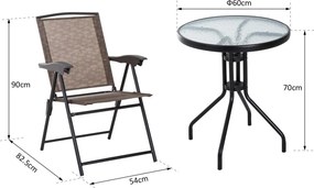 Conjunto de Mesa e 2 Cadeiras  Cadeira Dobrável Encosto Reclináveis a 4 Níveis  Armação de Aço Castanho