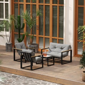 Conjunto de Jardim de 4 Peças com 2 Poltronas e 1 Sofá de 2 Lugares com Almofadas e Mesa de Centro Cinzento e Preto